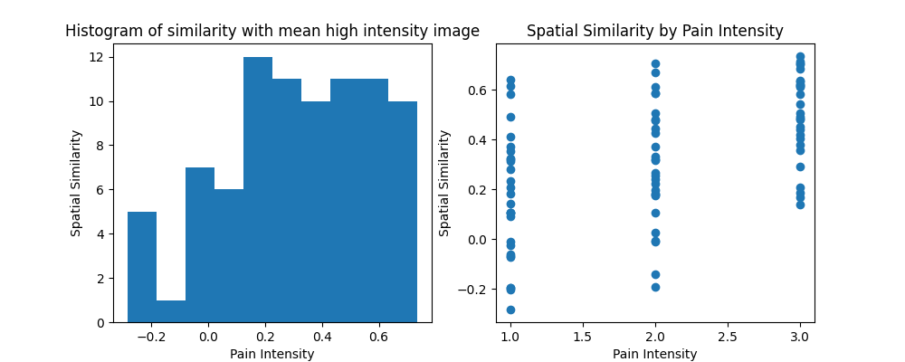 Histogram of similarity with mean high intensity image, Spatial Similarity by Pain Intensity
